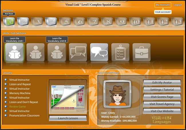 Screen of the Visual Link Level 1 Spanish Online